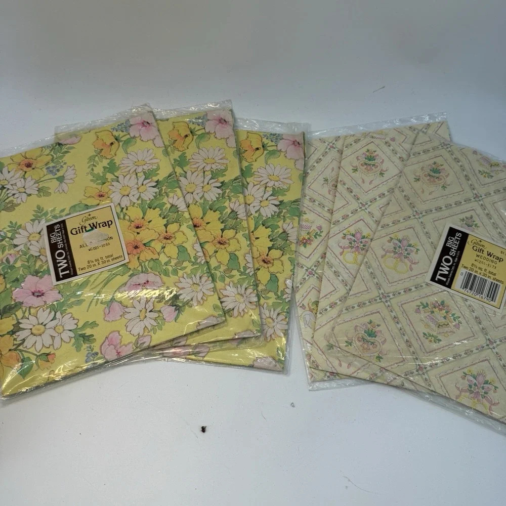 Gibson Gift Wrap 6 Packs Yellow Lilly Flowers Floral Easter Baby Shower New VTG